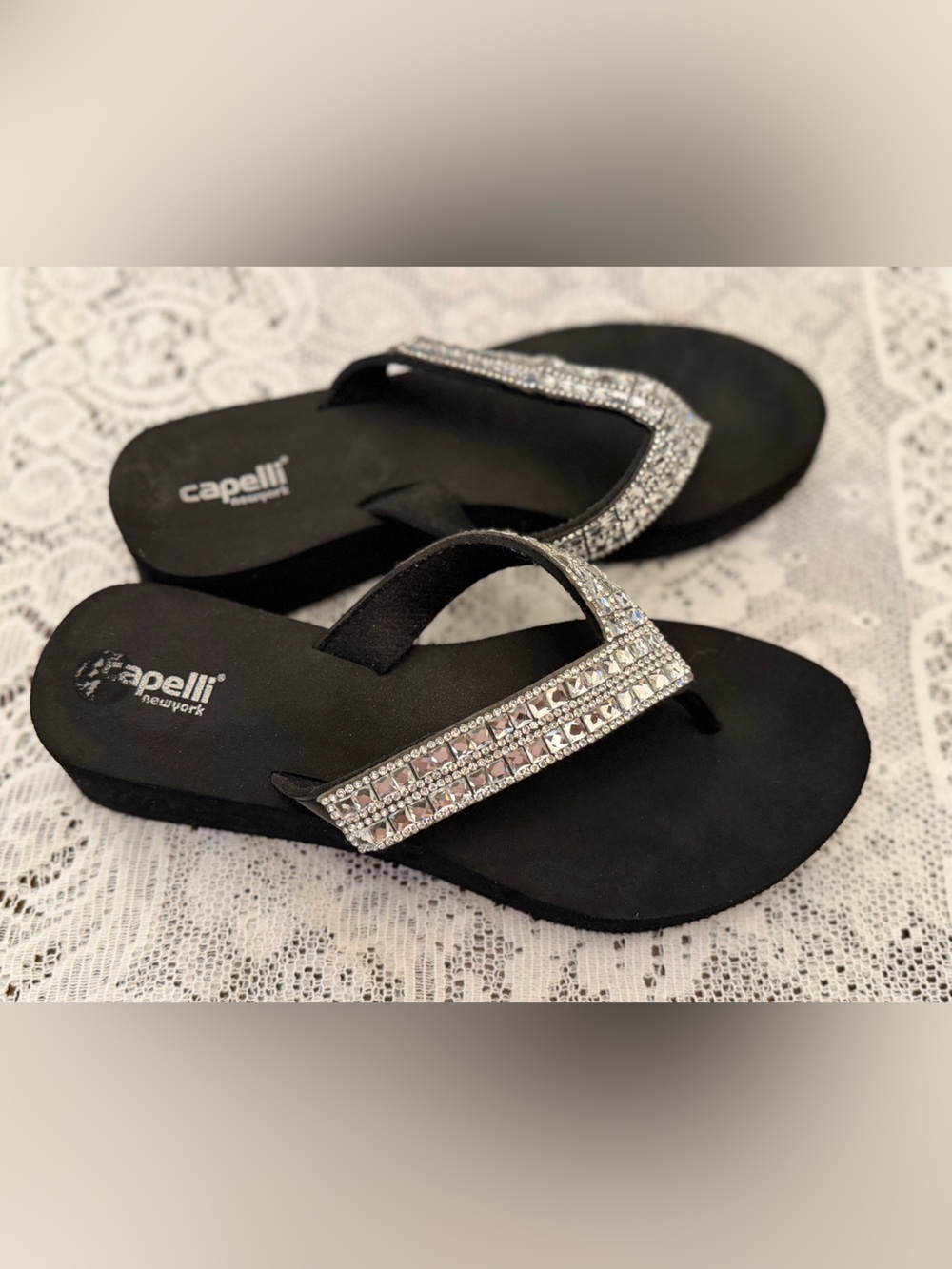 Capelli of New York Black Rhinestone Embellished Thong Sandals